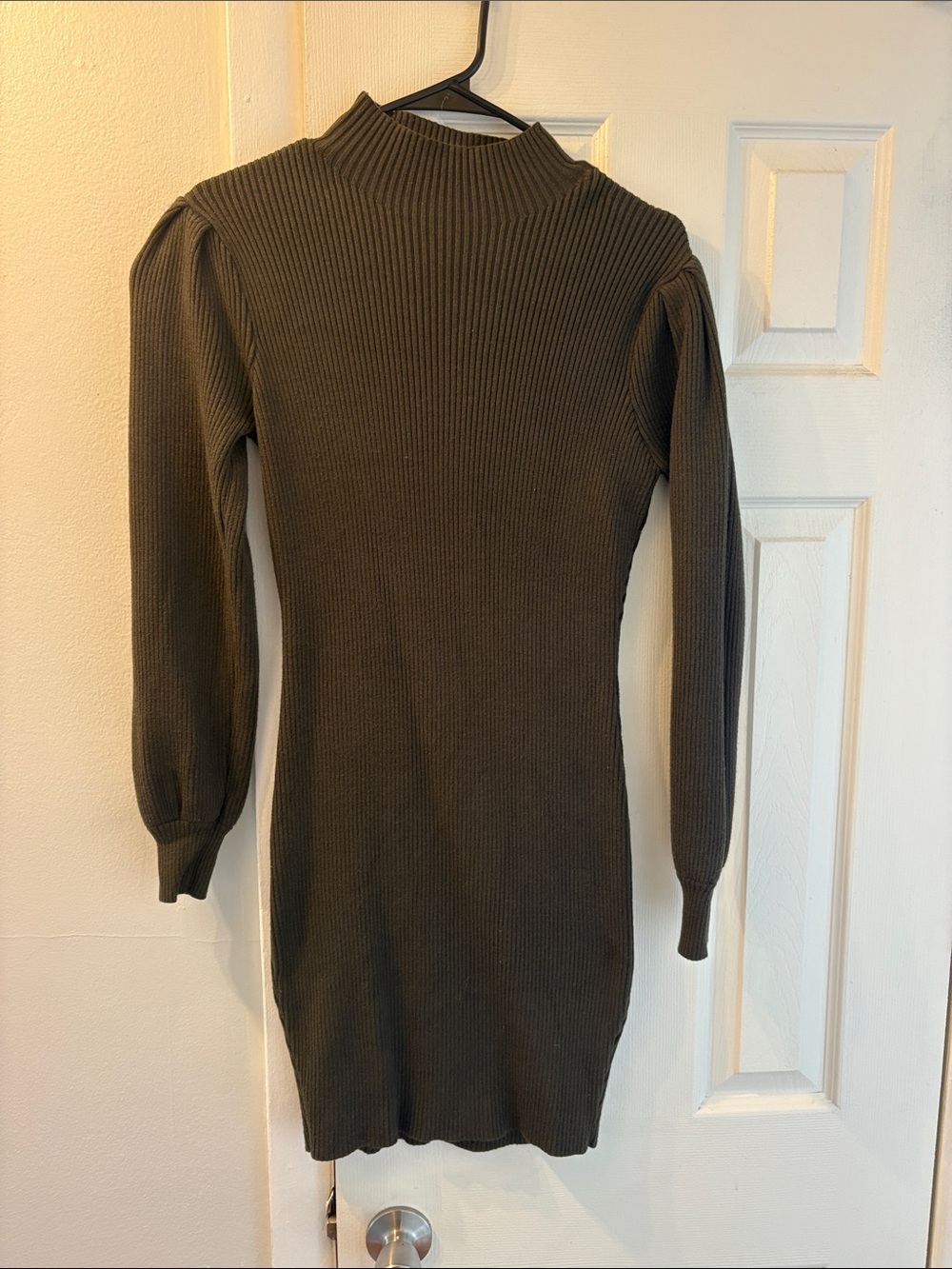 Mock Neck Ribbed Long Sleeve Dress in Olive